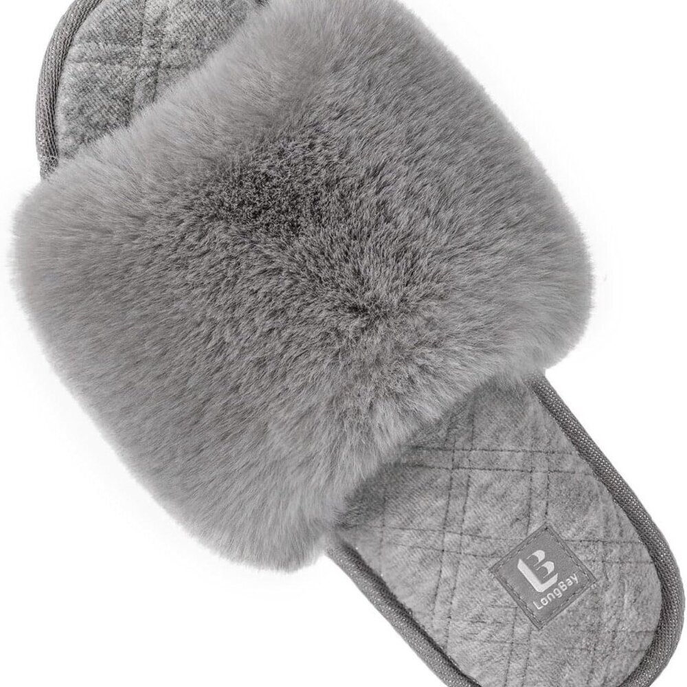 Women's Fuzzy Faux Fur Memory Foam Flat Spa Slide Shoes Open Toe Slip-On House